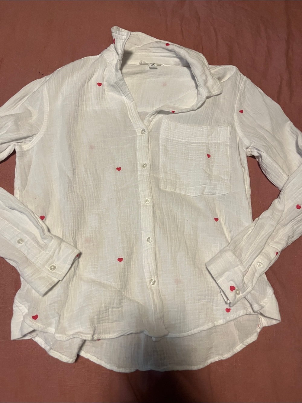 beachlunchlounge White Button-Up Shirt with Red Heart Embroidery